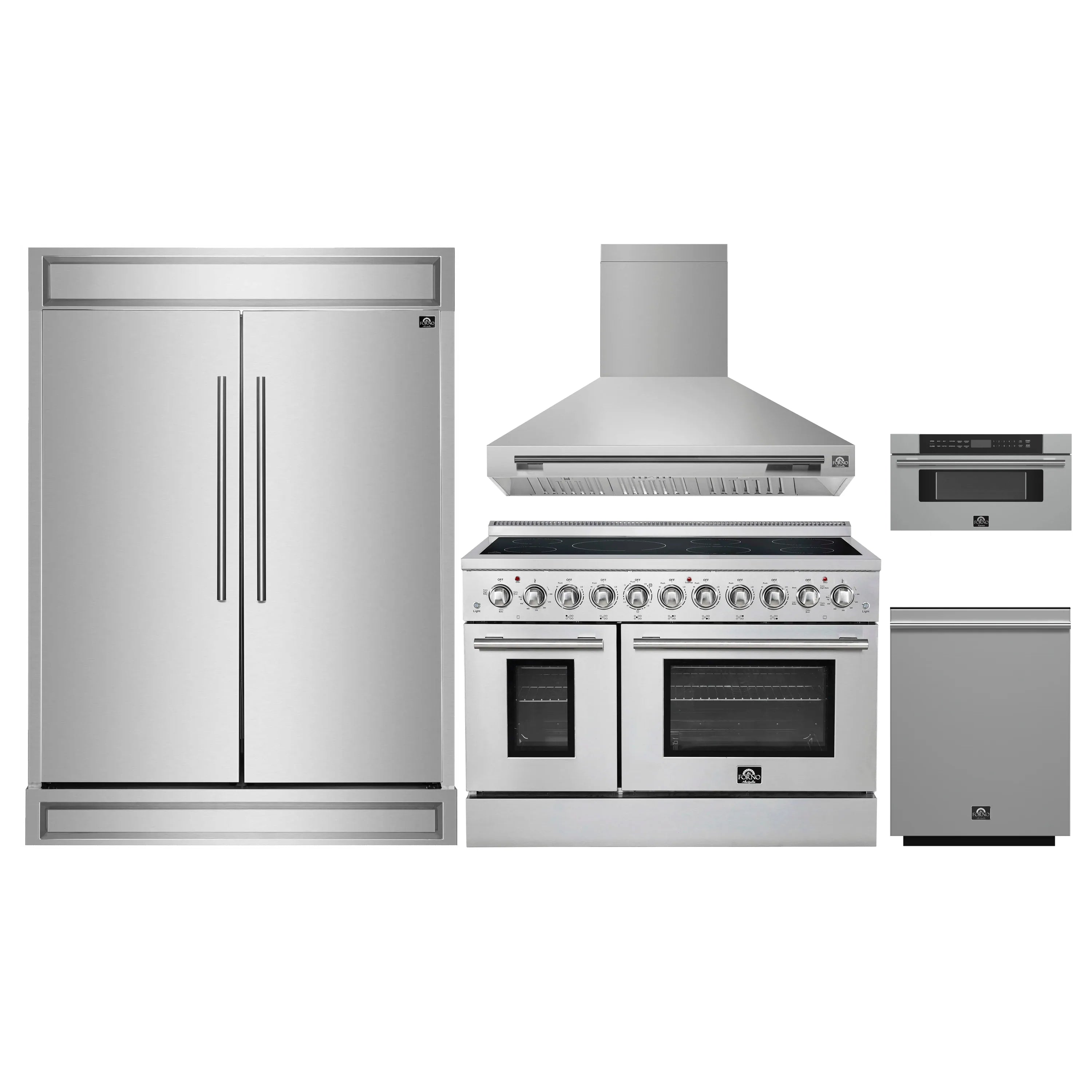 Stainless steel appliance package with refrigerator, range, hood, dishwasher, microwave