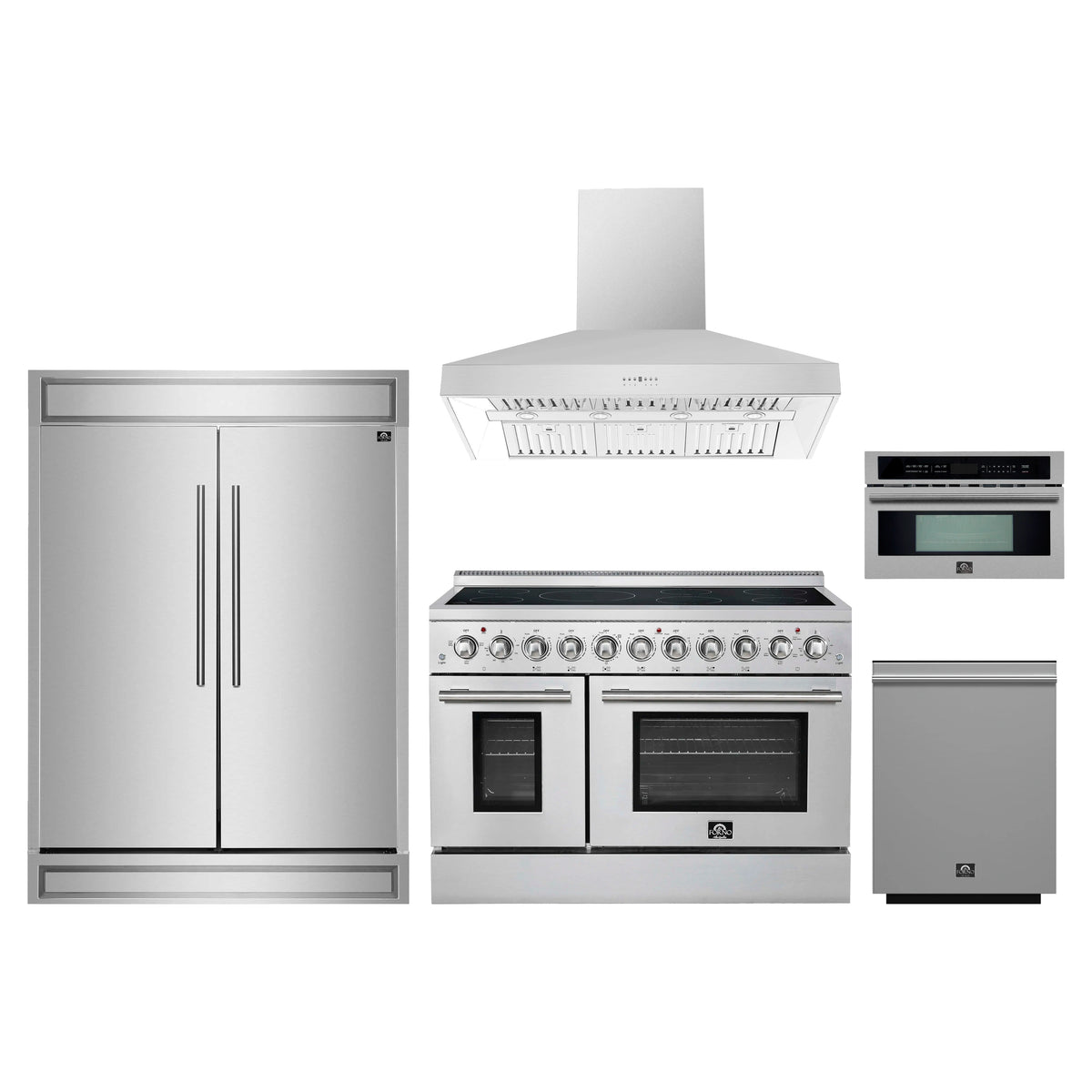 Forno 5-Piece Appliance Package - 48-Inch Electric Range, Wall Mount Range Hood, 60-Inch Refrigerator, Dishwasher, and 30-Inch Microwave Oven in Stainless Steel