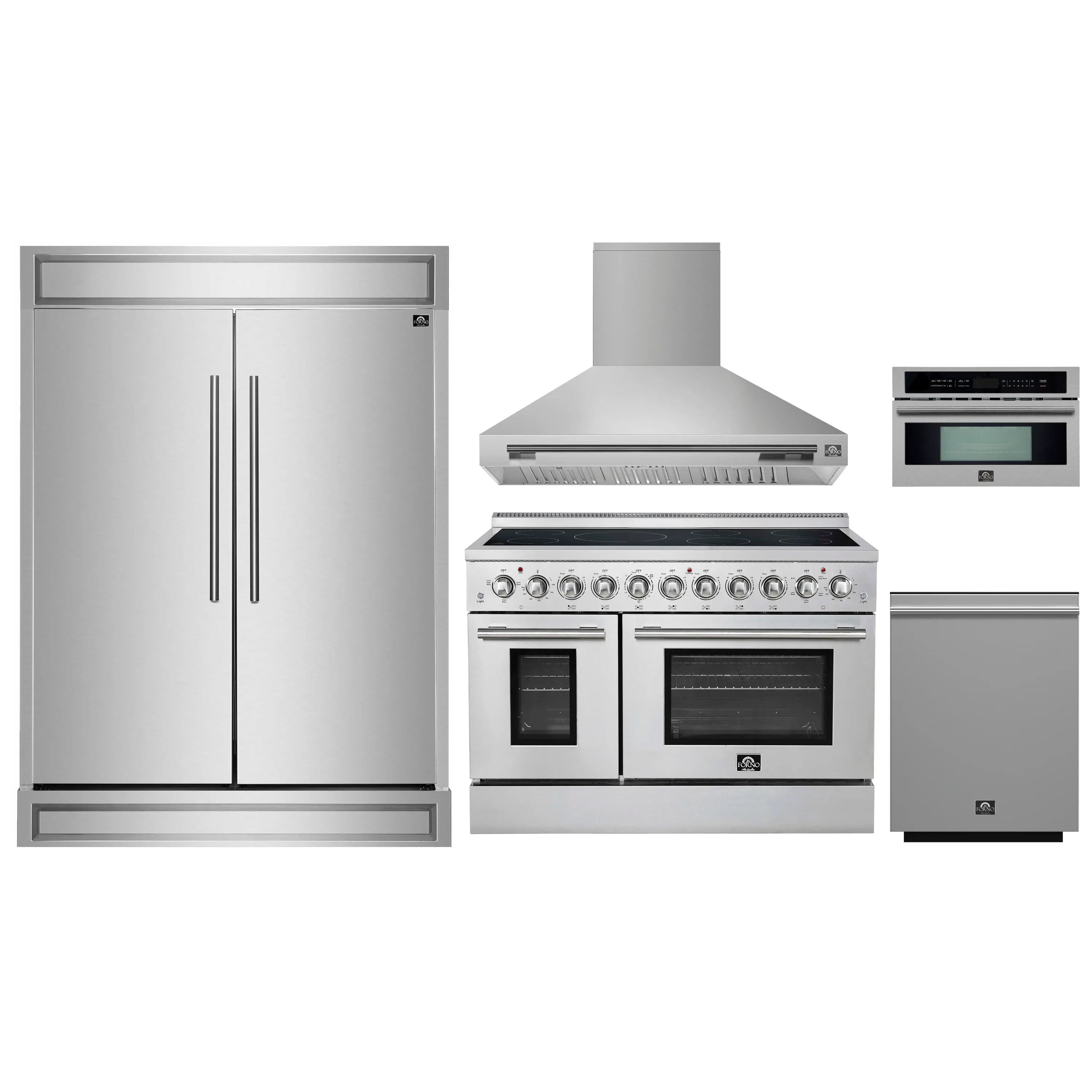 Kitchen appliance set with stainless refrigerator, range, hood, and microwave