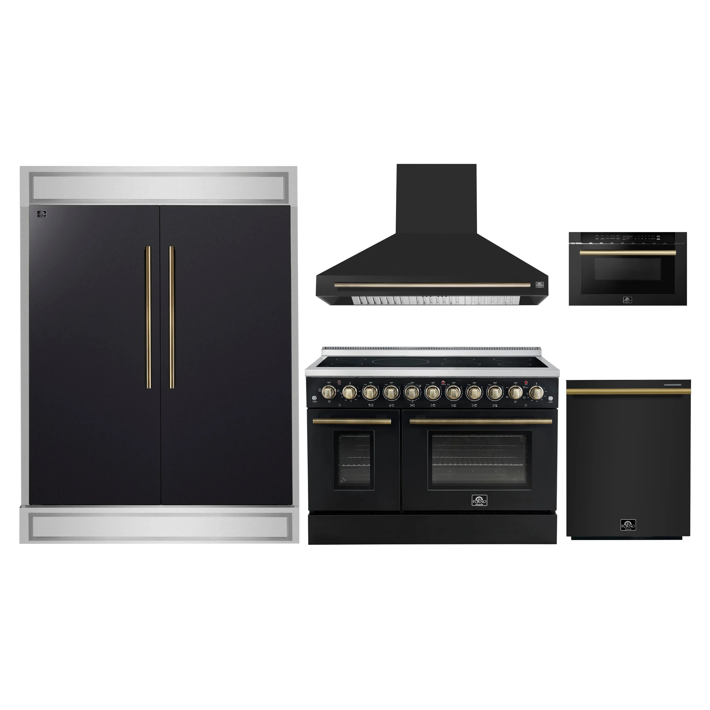 Black 5-piece appliance package with antique brass handles: range, hood, fridge, DW, microwave drawer