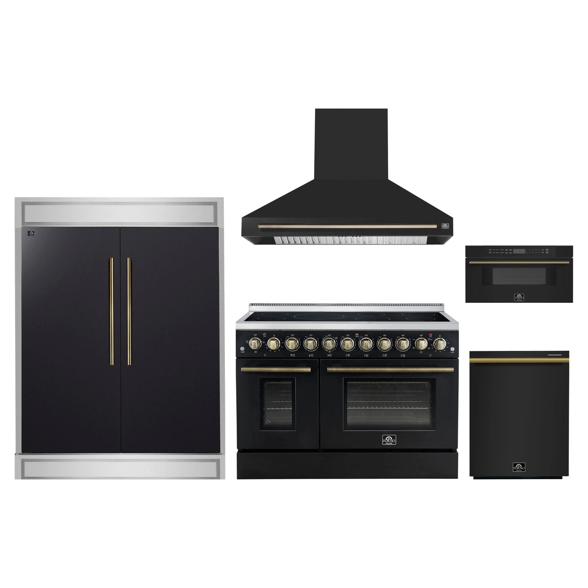 Forno 5-Piece Appliance Package - 48-Inch Electric Range, Wall Mount Range Hood, 60-Inch Refrigerator, Dishwasher, and 30-Inch Microwave Drawer in Black with Antique Brass Trim