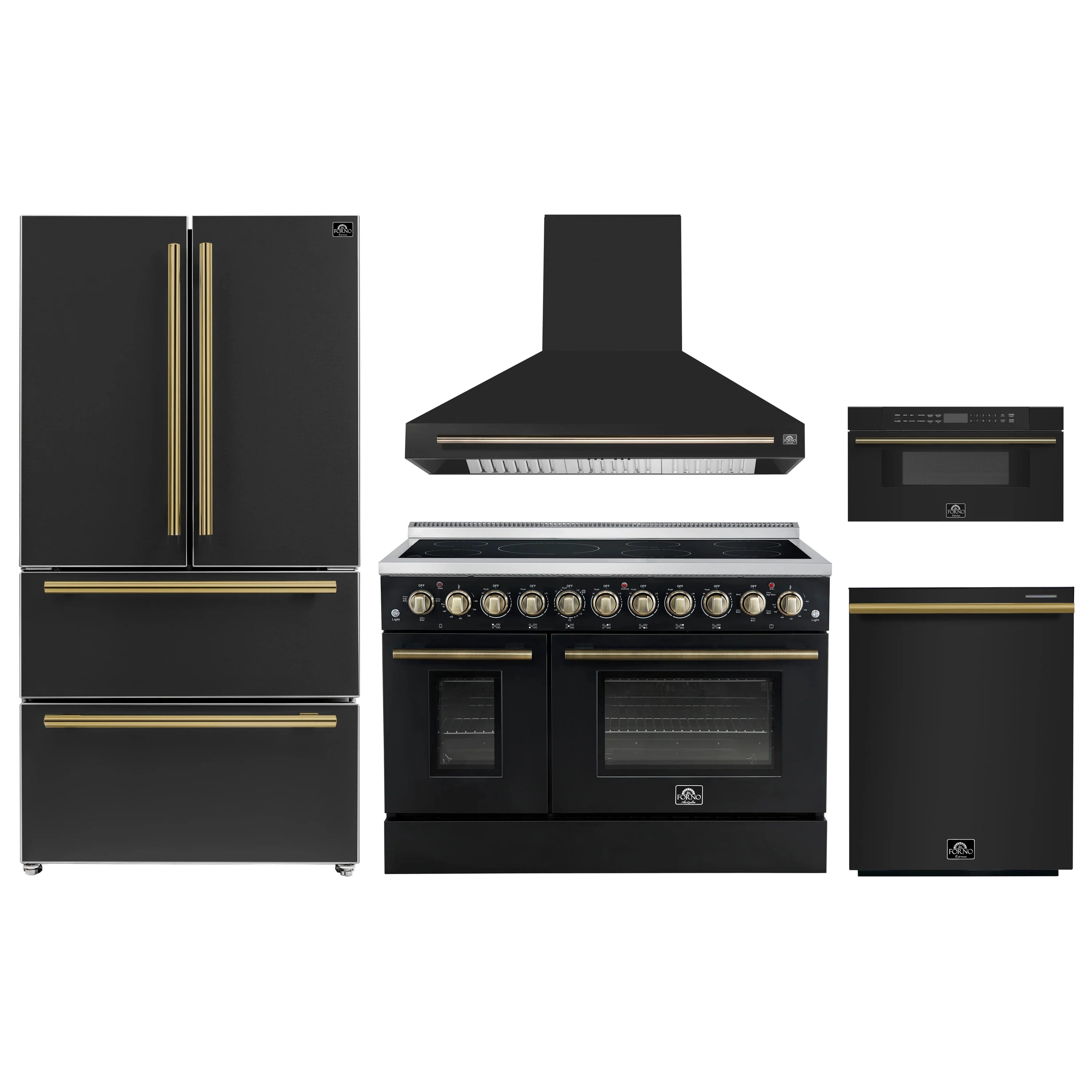 Black kitchen appliance package with brass handles: fridge, range, hood, dishwasher
