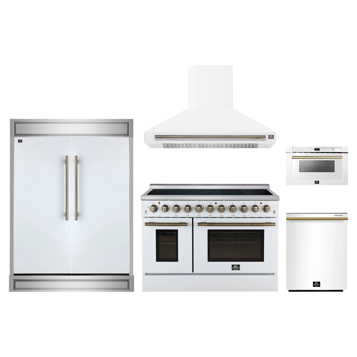 Forno 5-Piece Appliance Package - 48-Inch Electric Range, Wall Mount Range Hood, 60-Inch Refrigerator, Dishwasher, and 24-Inch Microwave Drawer in White with Antique Brass Trim