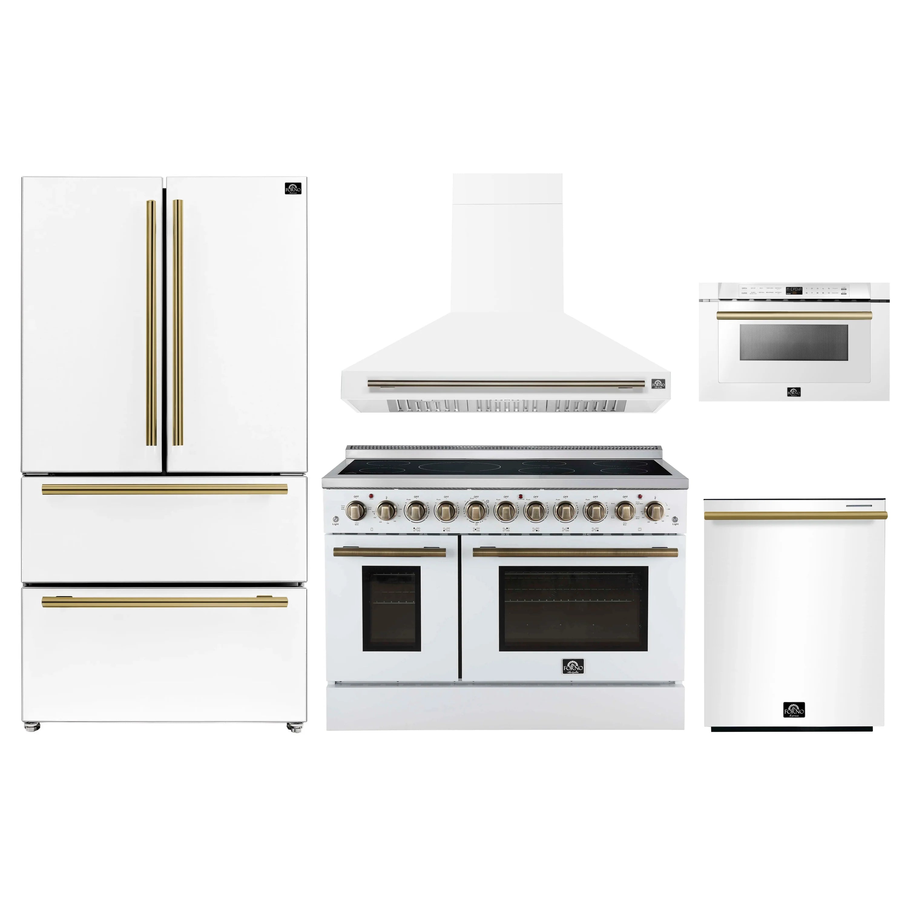 White kitchen appliance set with electric range, range hood, and microwave drawer