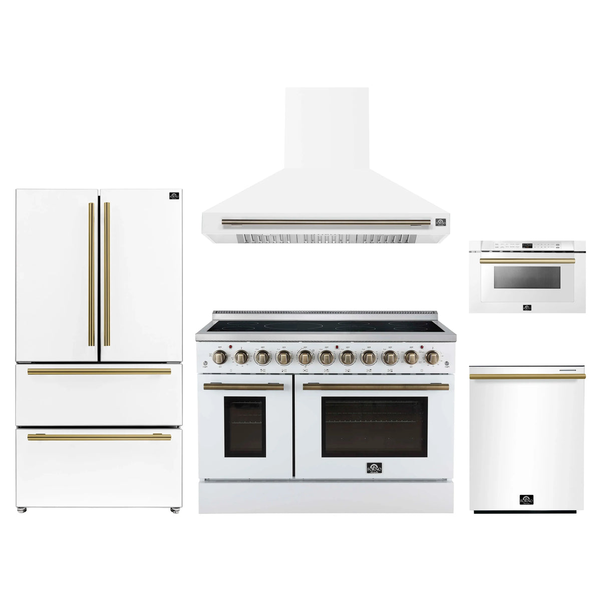Forno 5-Piece Appliance Package - 48-Inch Electric Range, Wall Mount Range Hood, 36-Inch Refrigerator, Dishwasher, and 24-Inch Microwave Drawer in White with Antique Brass Trim