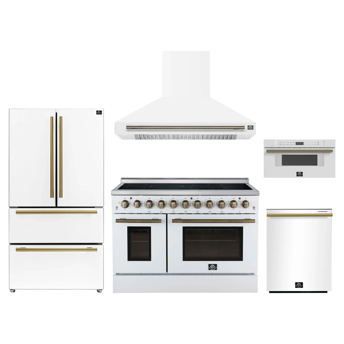 Forno 5-Piece Appliance Package - 48-Inch Electric Range, Wall Mount Range Hood, 36-Inch Refrigerator, Dishwasher, and 30-Inch Microwave Drawer in White with Antique Brass Trim