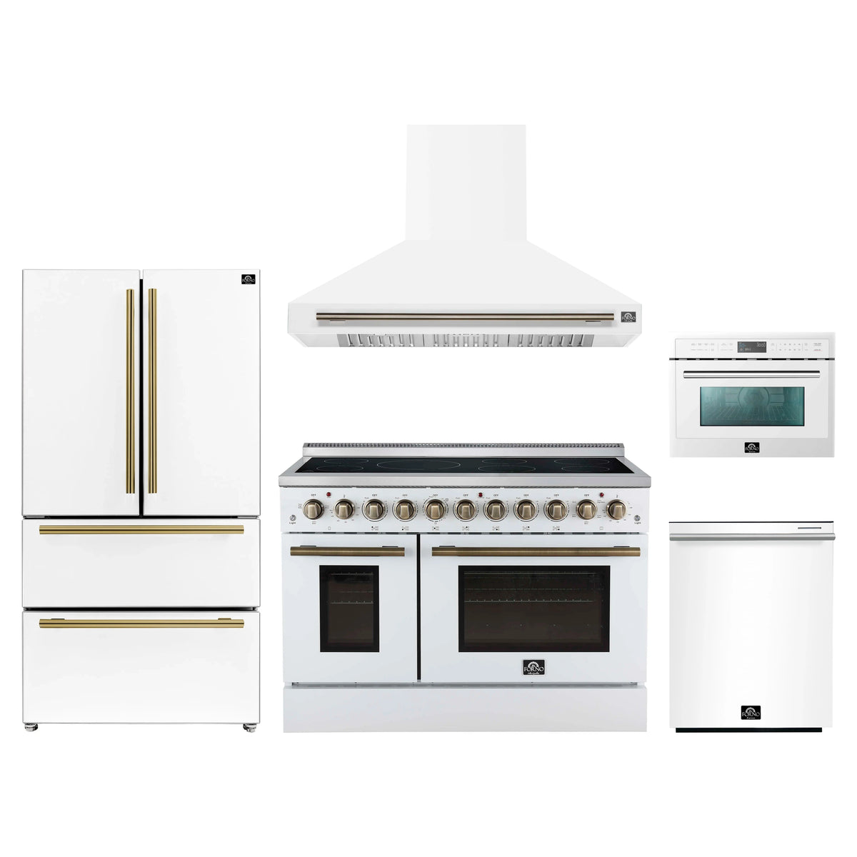 Forno 5-Piece Appliance Package - 48-Inch Electric Range, Wall Mount Range Hood, 36-Inch Refrigerator, Dishwasher, and 24-Inch Microwave Oven in White with Antique Brass Trim