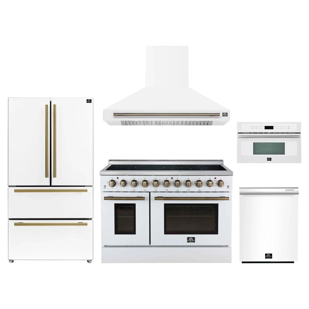 Forno 5-Piece Appliance Package - 48-Inch Electric Range, Wall Mount Range Hood, 36-Inch Refrigerator, Dishwasher, and 30-Inch Microwave Oven in White with Antique Brass Trim