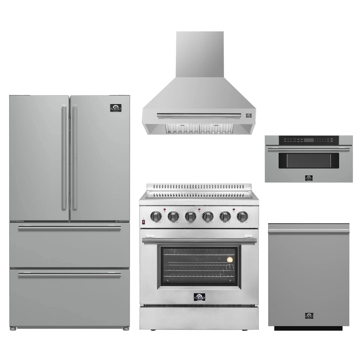 Forno 5-Piece Appliance Package - 30-Inch Electric Range, Wall Mount Range Hood, 36-Inch Refrigerator, Dishwasher, and 30-Inch Microwave Drawer in Stainless Steel