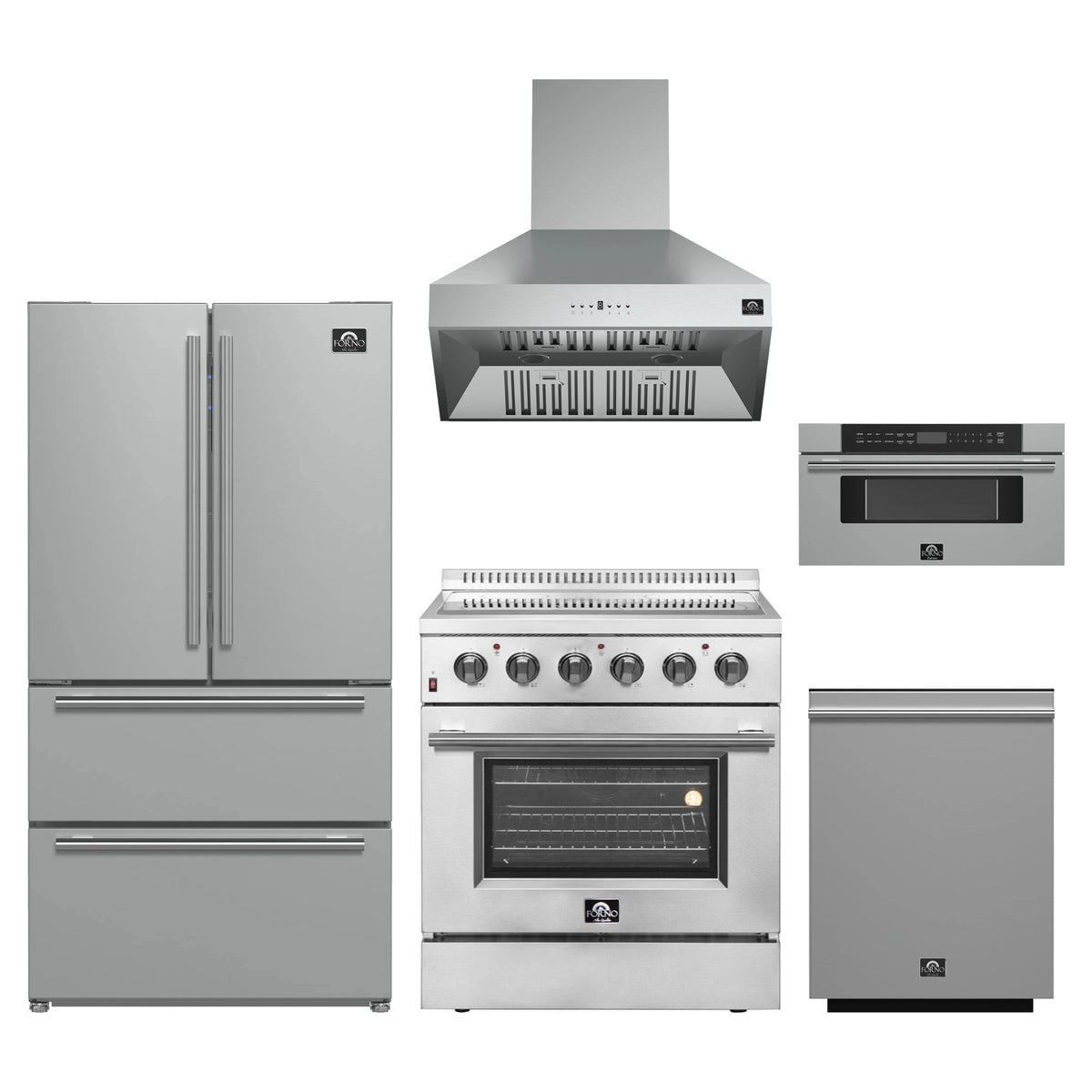Forno 5-Piece Appliance Package - 30-Inch Electric Range, Wall Mount Range Hood, 36-Inch Refrigerator, Dishwasher, and 30-Inch Microwave Drawer in Stainless Steel