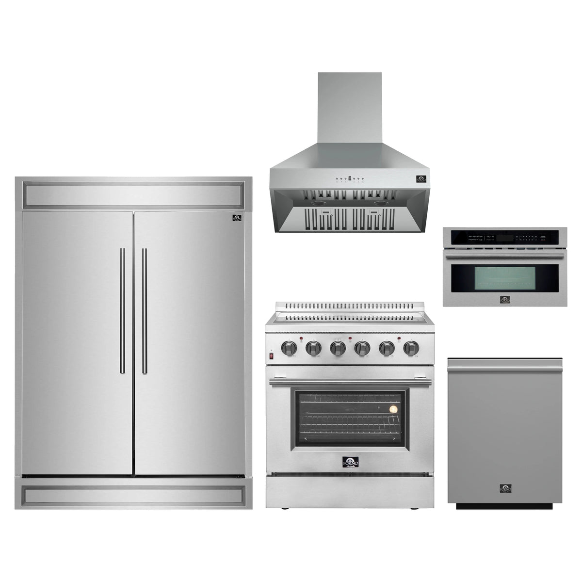 Forno 5-Piece Appliance Package - 30-Inch Electric Range, Wall Mount Range Hood, 60-Inch Refrigerator, Dishwasher, and 30-Inch Microwave Oven in Stainless Steel