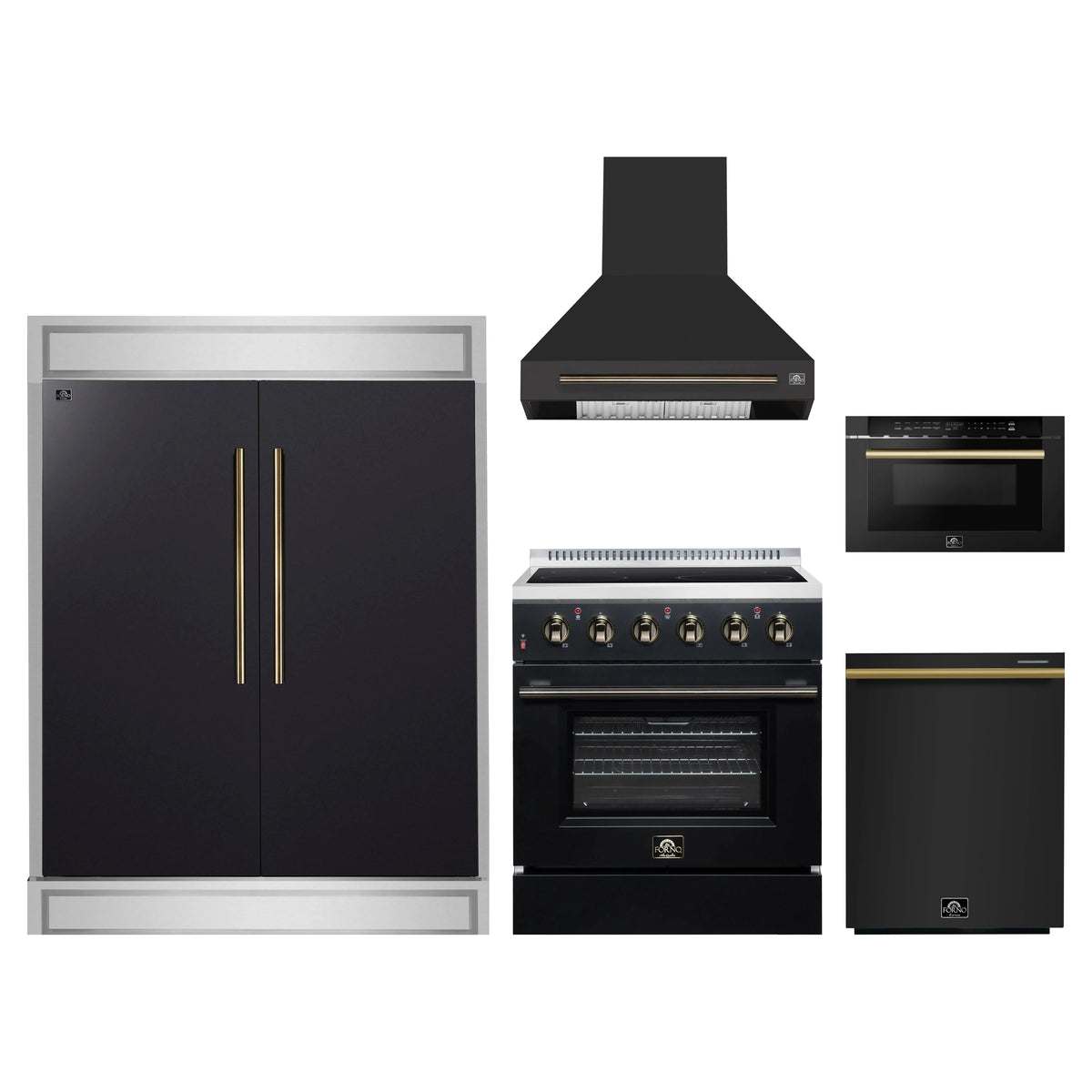 Forno 5-Piece Appliance Package - 30-Inch Electric Range, Wall Mount Range Hood, 60-Inch Refrigerator, Dishwasher, and 24-Inch Microwave Drawer in Black with Antique Brass Trim