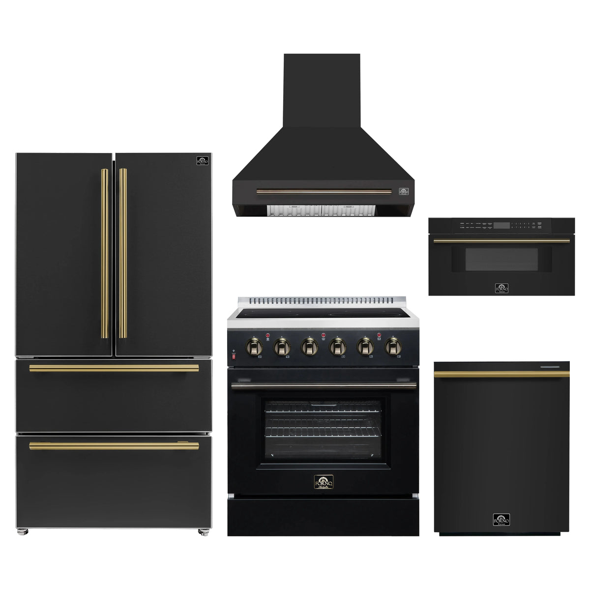 Forno 5-Piece Appliance Package - 30-Inch Electric Range, Wall Mount Range Hood, 36-Inch Refrigerator, Dishwasher, and 30-Inch Microwave Drawer in Black with Antique Brass Trim