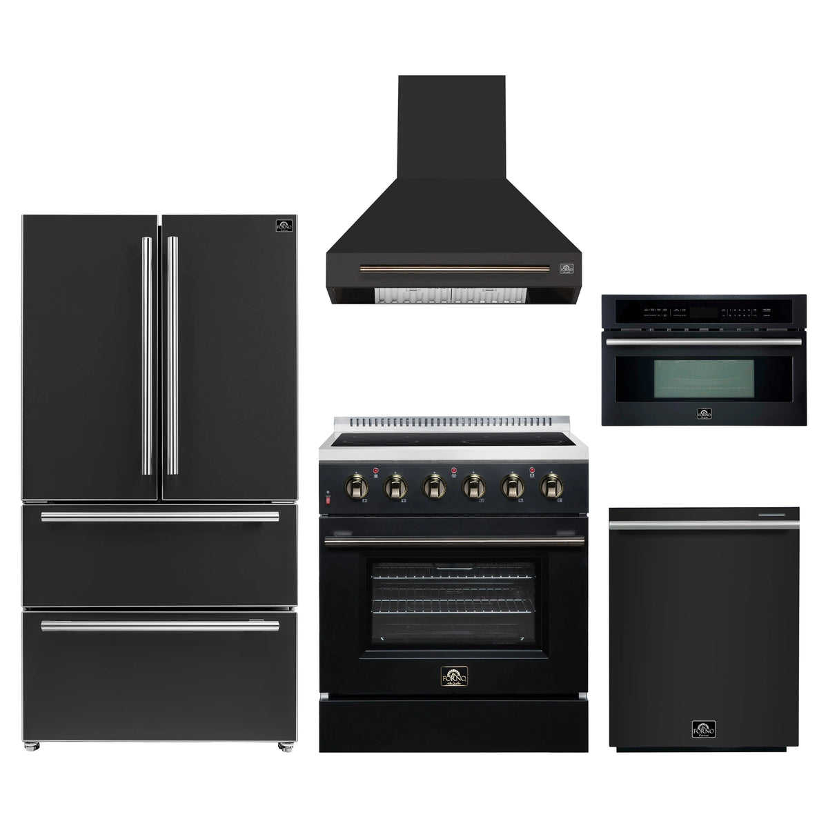 Forno 5-Piece Appliance Package - 30-Inch Electric Range, Wall Mount Range Hood, 36-Inch Refrigerator, Dishwasher, and 30-Inch Microwave Oven in Black with Antique Brass Trim