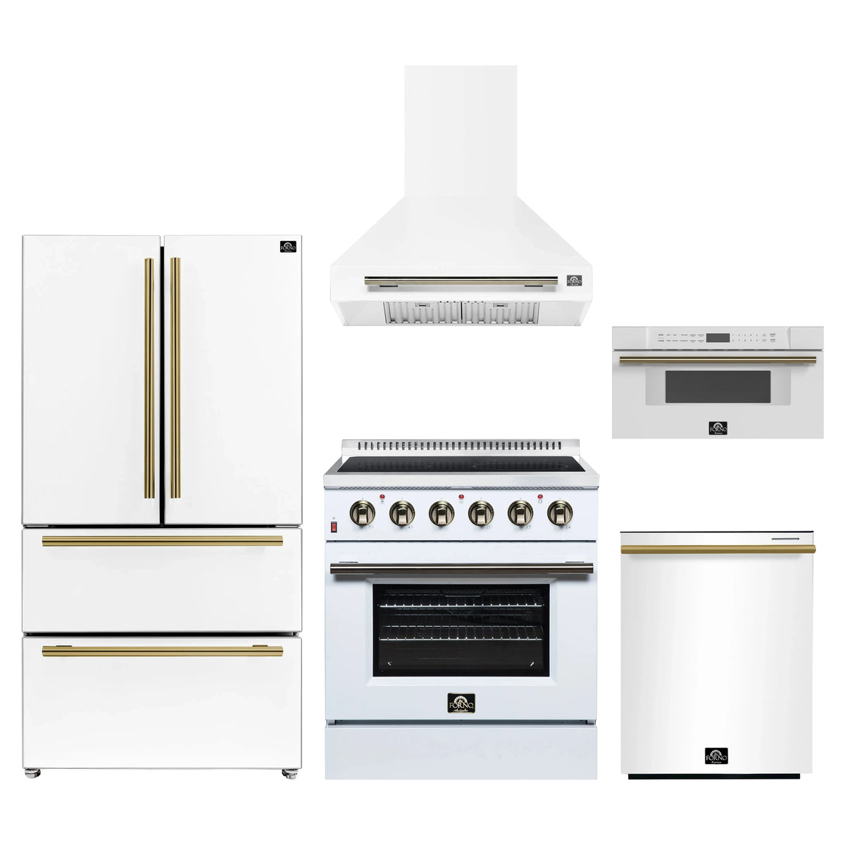 Forno 5-Piece Appliance Package - 30-Inch Electric Range, Wall Mount Range Hood, 36-Inch Refrigerator, Dishwasher, and 30-Inch Microwave Drawer in White with Antique Brass Trim