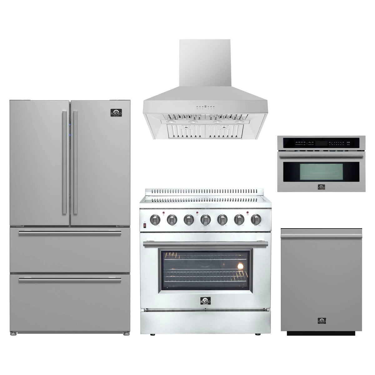 Forno 5-Piece Appliance Package - 36-Inch Electric Range, Wall Mount Range Hood, 36-Inch Refrigerator, Dishwasher, and 30-Inch Microwave Oven in Stainless Steel