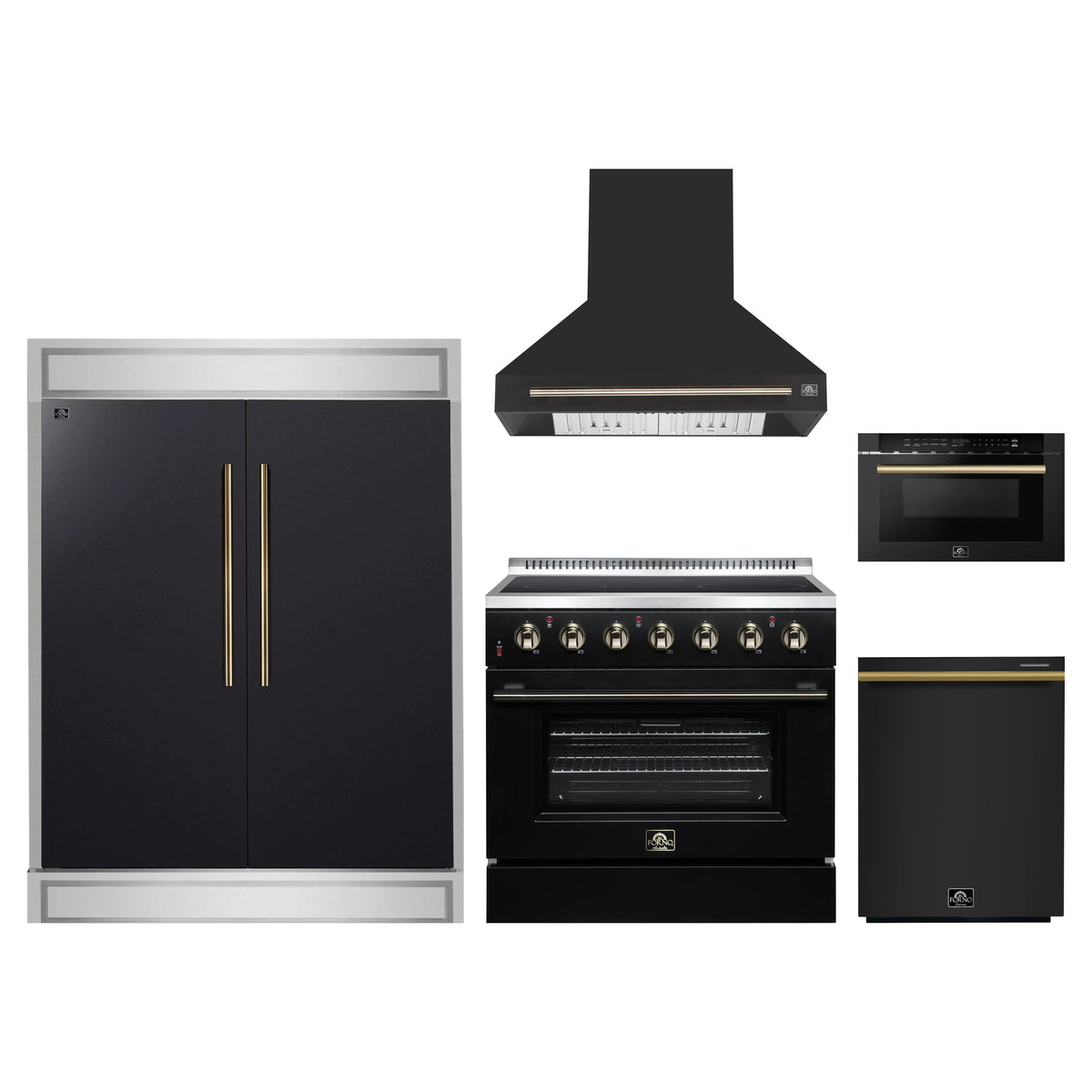 Forno 5-Piece Appliance Package - 36-Inch Electric Range, Wall Mount Range Hood, 60-Inch Refrigerator, Dishwasher, and 24-Inch Microwave Drawer in Black with Antique Brass Trim