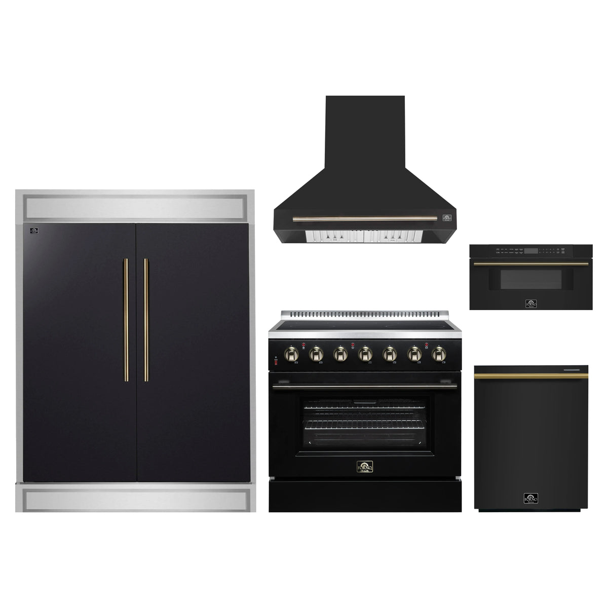 Forno 5-Piece Appliance Package - 36-Inch Electric Range, Wall Mount Range Hood, 60-Inch Refrigerator, Dishwasher, and 30-Inch Microwave Drawer in Black with Antique Brass Trim