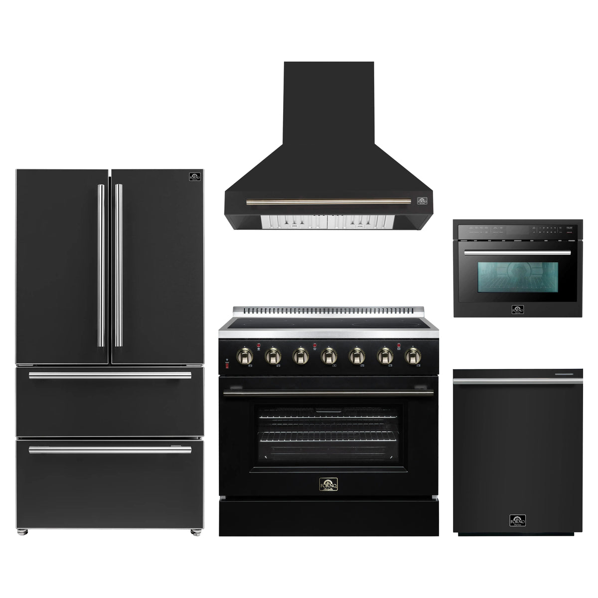 Forno 5-Piece Appliance Package - 36-Inch Electric Range, Wall Mount Range Hood, 36-Inch Refrigerator, Dishwasher, and 24-Inch Microwave Oven in Black with Antique Brass Trim