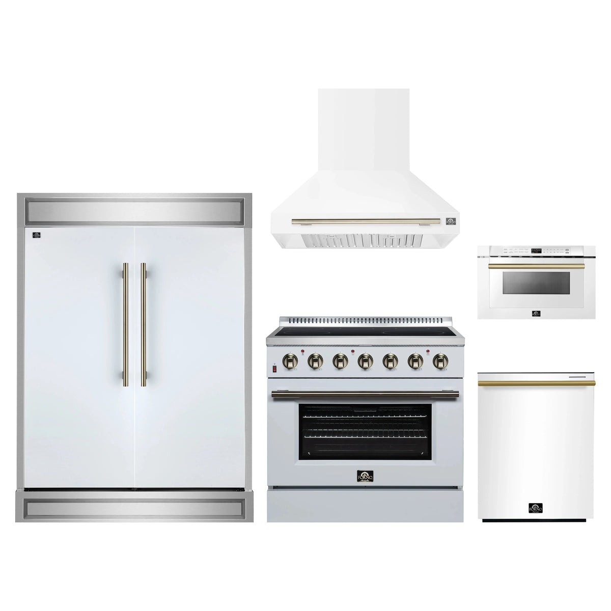 Forno 5-Piece Appliance Package - 36-Inch Electric Range, Wall Mount Range Hood, 60-Inch Refrigerator, Dishwasher, and 24-Inch Microwave Drawer in White with Antique Brass Trim