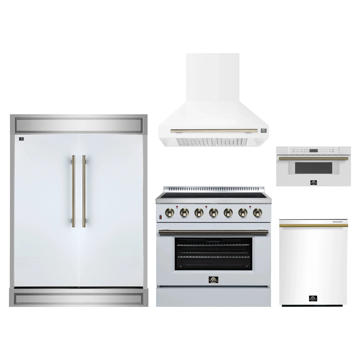 Forno 5-Piece Appliance Package - 36-Inch Electric Range, Wall Mount Range Hood, 60-Inch Refrigerator, Dishwasher, and 30-Inch Microwave Drawer in White with Antique Brass Trim