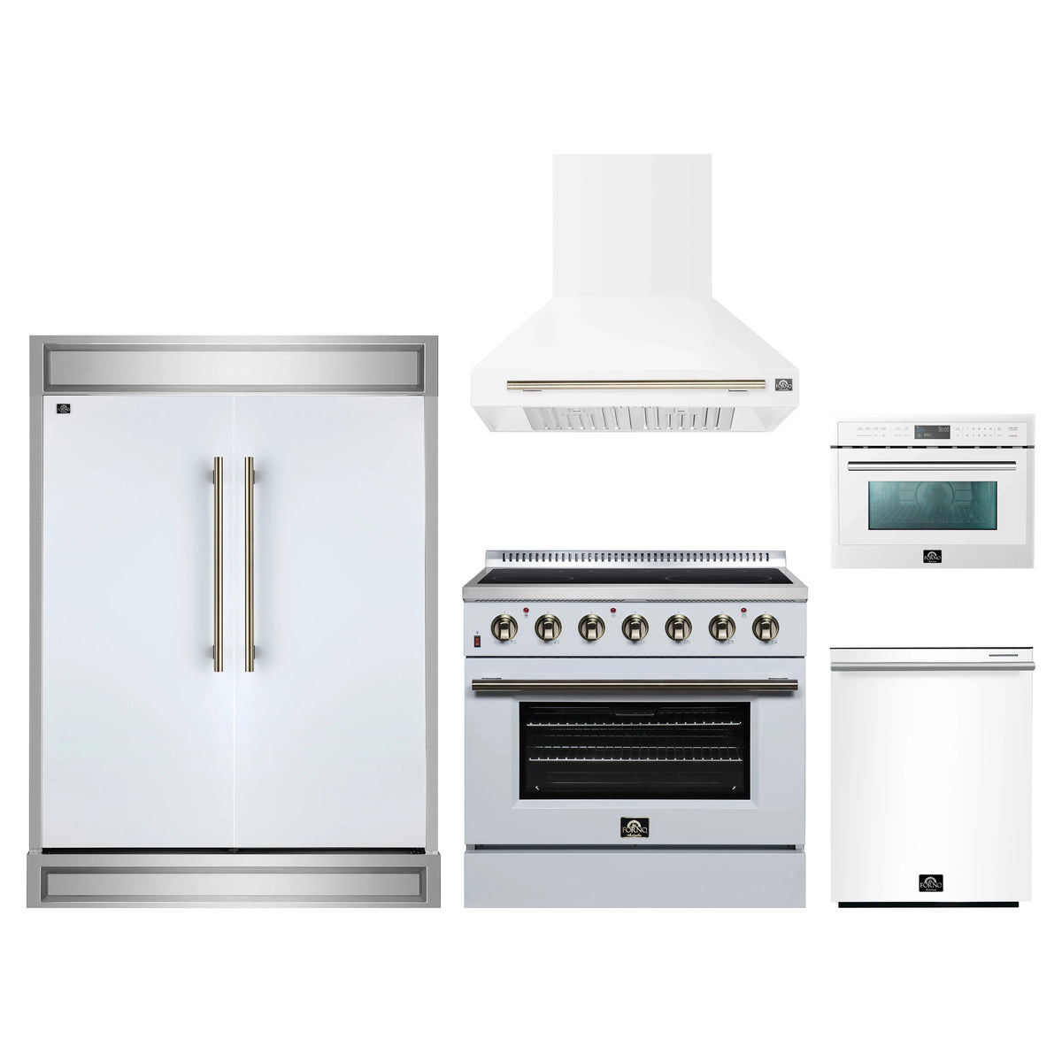 Forno 5-Piece Appliance Package - 36-Inch Electric Range, Wall Mount Range Hood, 60-Inch Refrigerator, Dishwasher, and 24-Inch Microwave Oven in White with Antique Brass Trim