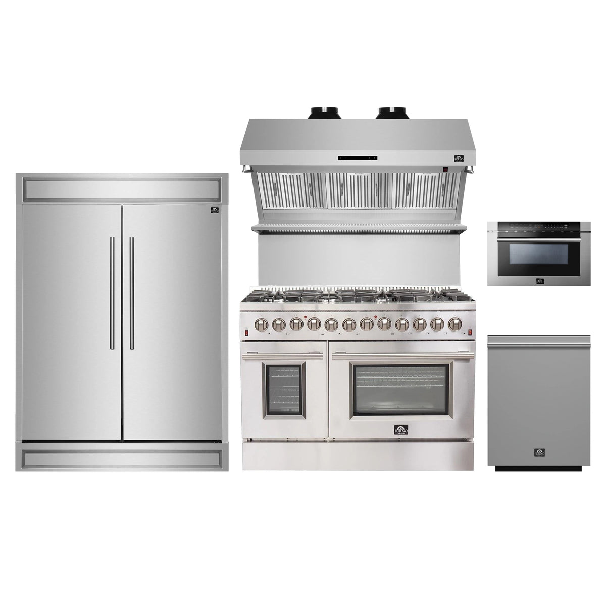 Forno 5-Piece Appliance Package - 48-Inch Dual Fuel Range, 60-Inch Pro-Style Refrigerator, Wall Mount Hood with Backsplash, 24-Inch Microwave Drawer, & 3-Rack Dishwasher in Stainless Steel