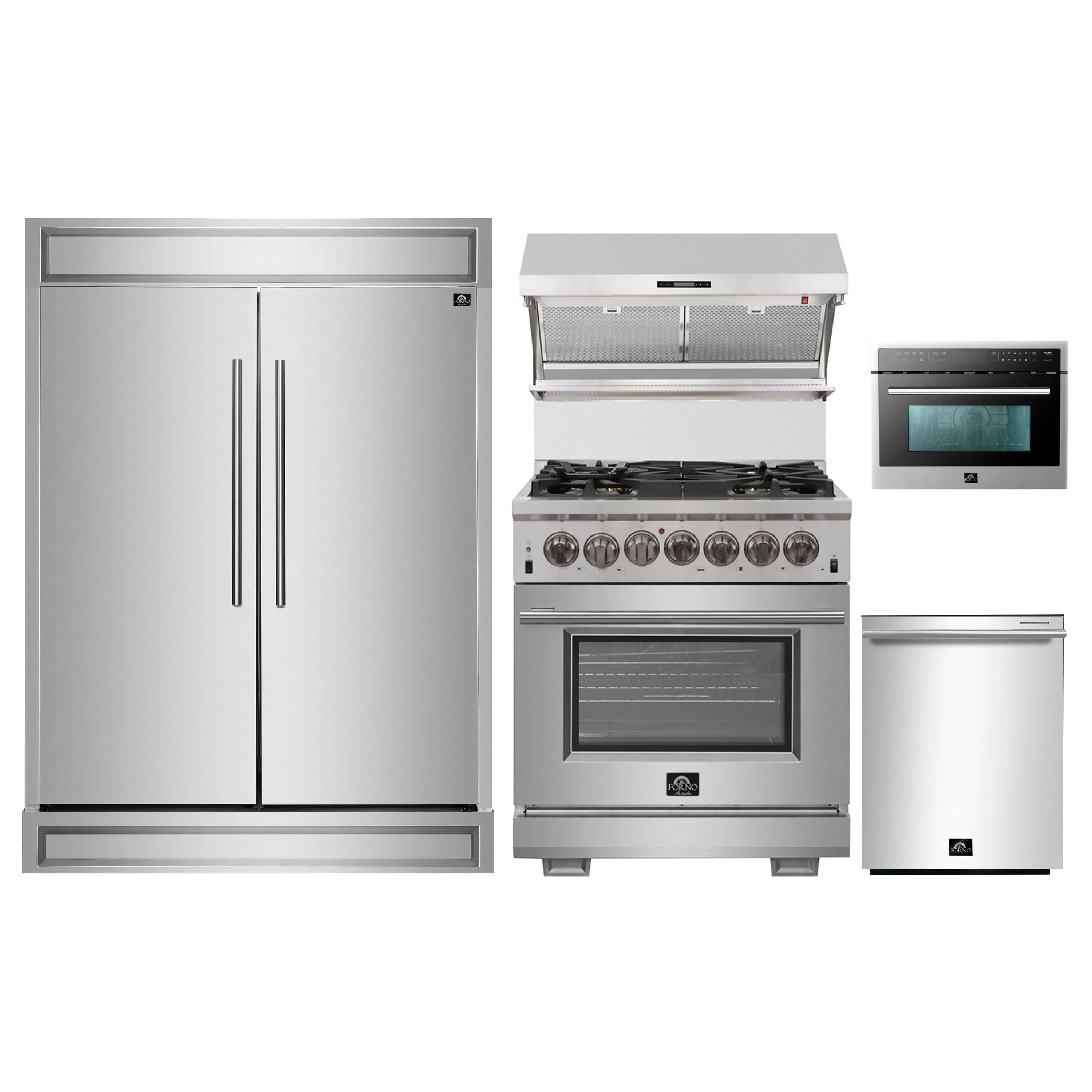 Stainless kitchen appliance set: refrigerator, dual fuel range, microwave oven, and dishwasher