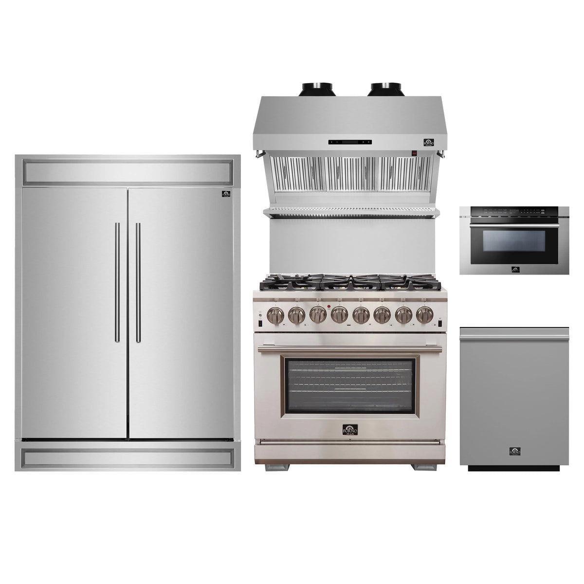 Forno 5-Piece Pro Appliance Package - 36-Inch Dual Fuel Range, 60-Inch Pro-Style Refrigerator, Wall Mount Hood with Backsplash, 24-Inch Microwave Drawer, & 3-Rack Dishwasher in Stainless Steel