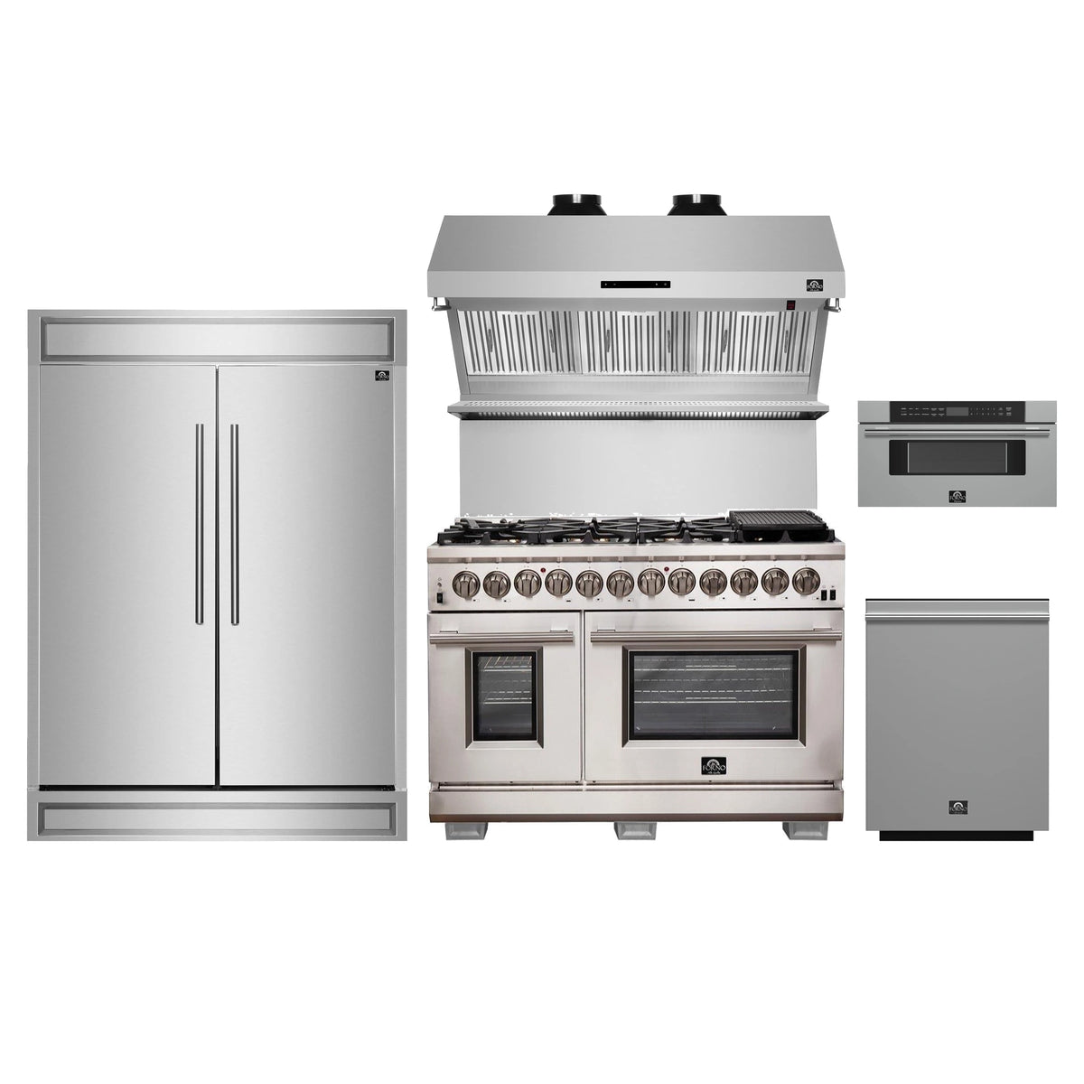 Forno 5-Piece Pro Appliance Package - 48-Inch Dual Fuel Range, 60-Inch Pro-Style Refrigerator, Wall Mount Hood with Backsplash, 30-Inch Microwave Drawer, & 3-Rack Dishwasher in Stainless Steel