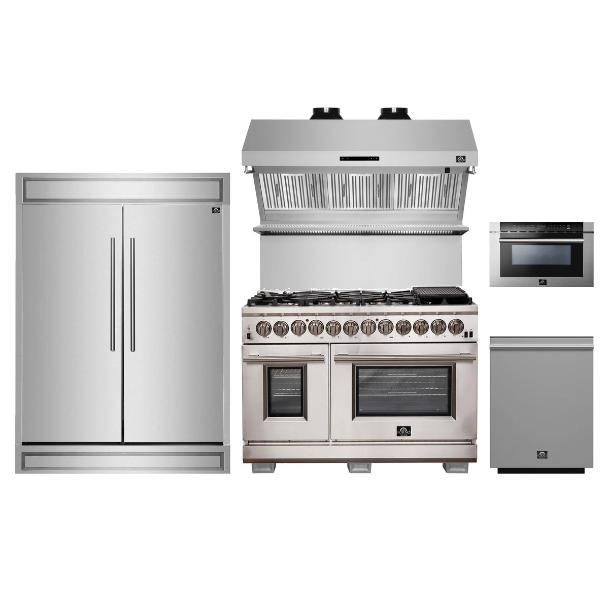 Forno 5-Piece Pro Appliance Package - 48-Inch Dual Fuel Range, 60-Inch Pro-Style Refrigerator, Wall Mount Hood with Backsplash, 24-Inch Microwave Drawer, & 3-Rack Dishwasher in Stainless Steel