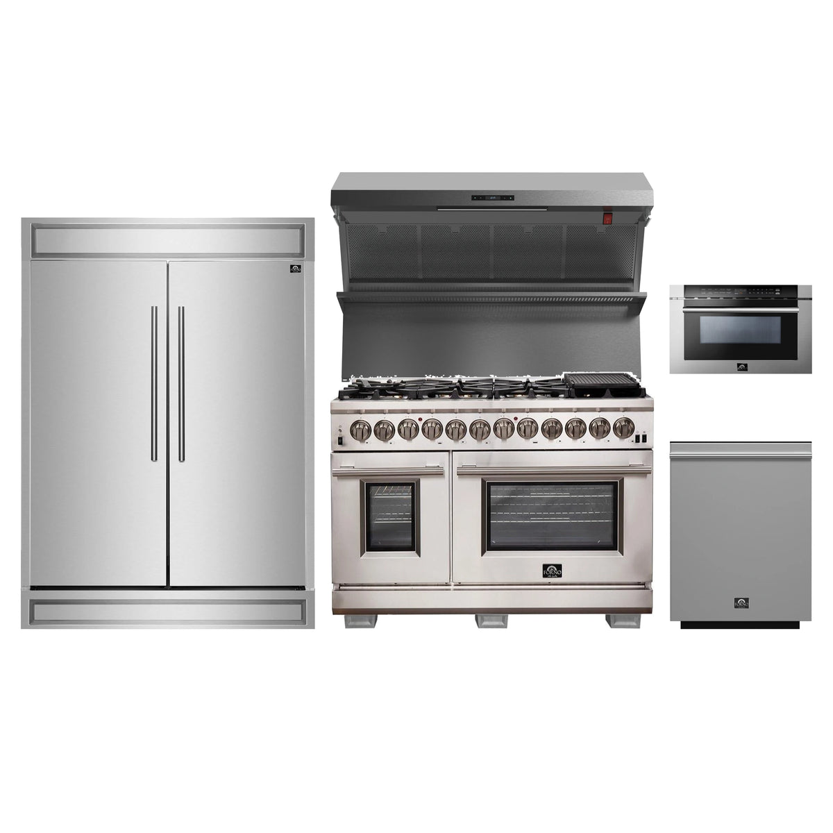 Forno 5-Piece Pro Appliance Package - 48-Inch Dual Fuel Range, 60-Inch Pro-Style Refrigerator, Wall Mount Hood with Backsplash, 24-Inch Microwave Drawer, & 3-Rack Dishwasher in Stainless Steel