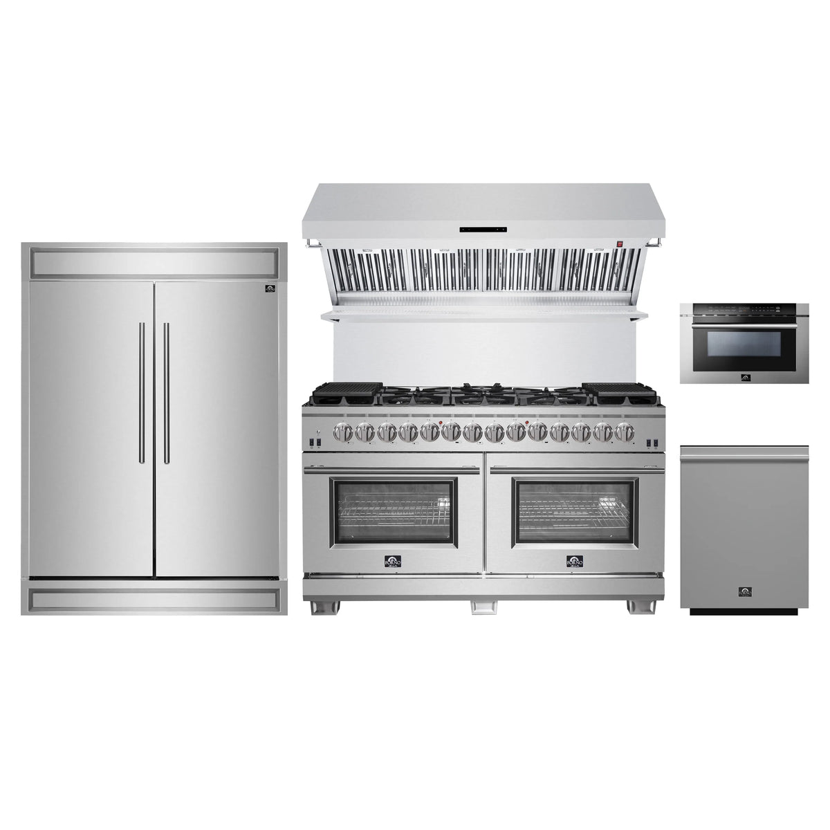 Forno 5-Piece Pro Appliance Package - 60-Inch Dual Fuel Range, 60-Inch Pro-Style Refrigerator, Wall Mount Hood with Backsplash, 24-Inch Microwave Drawer, & 3-Rack Dishwasher in Stainless Steel