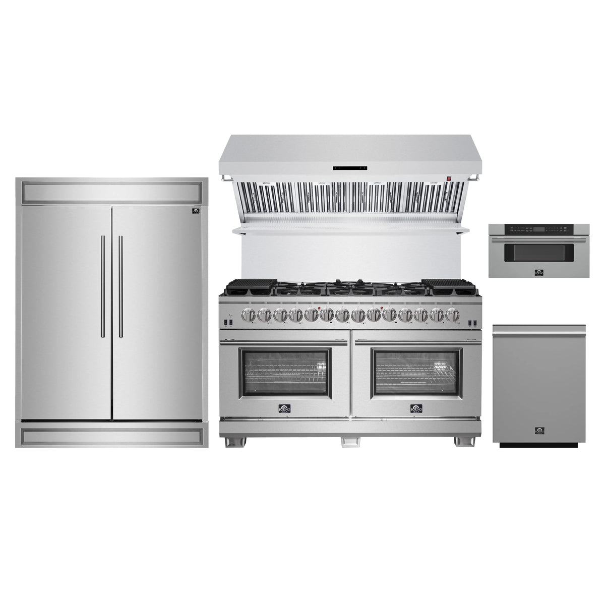 Forno 5-Piece Pro Appliance Package - 60-Inch Dual Fuel Range, 60-Inch Pro-Style Refrigerator, Wall Mount Hood with Backsplash, 30-Inch Microwave Drawer, & 3-Rack Dishwasher in Stainless Steel