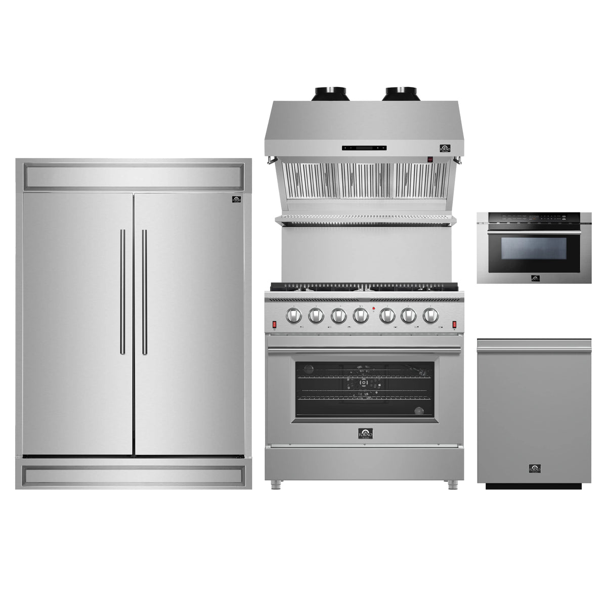 Forno 5-Piece Appliance Package - 36-Inch Gas Range, 60-Inch Pro-Style Refrigerator, Wall Mount Hood with Backsplash, 24-Inch Microwave Drawer, & 3-Rack Dishwasher in Stainless Steel