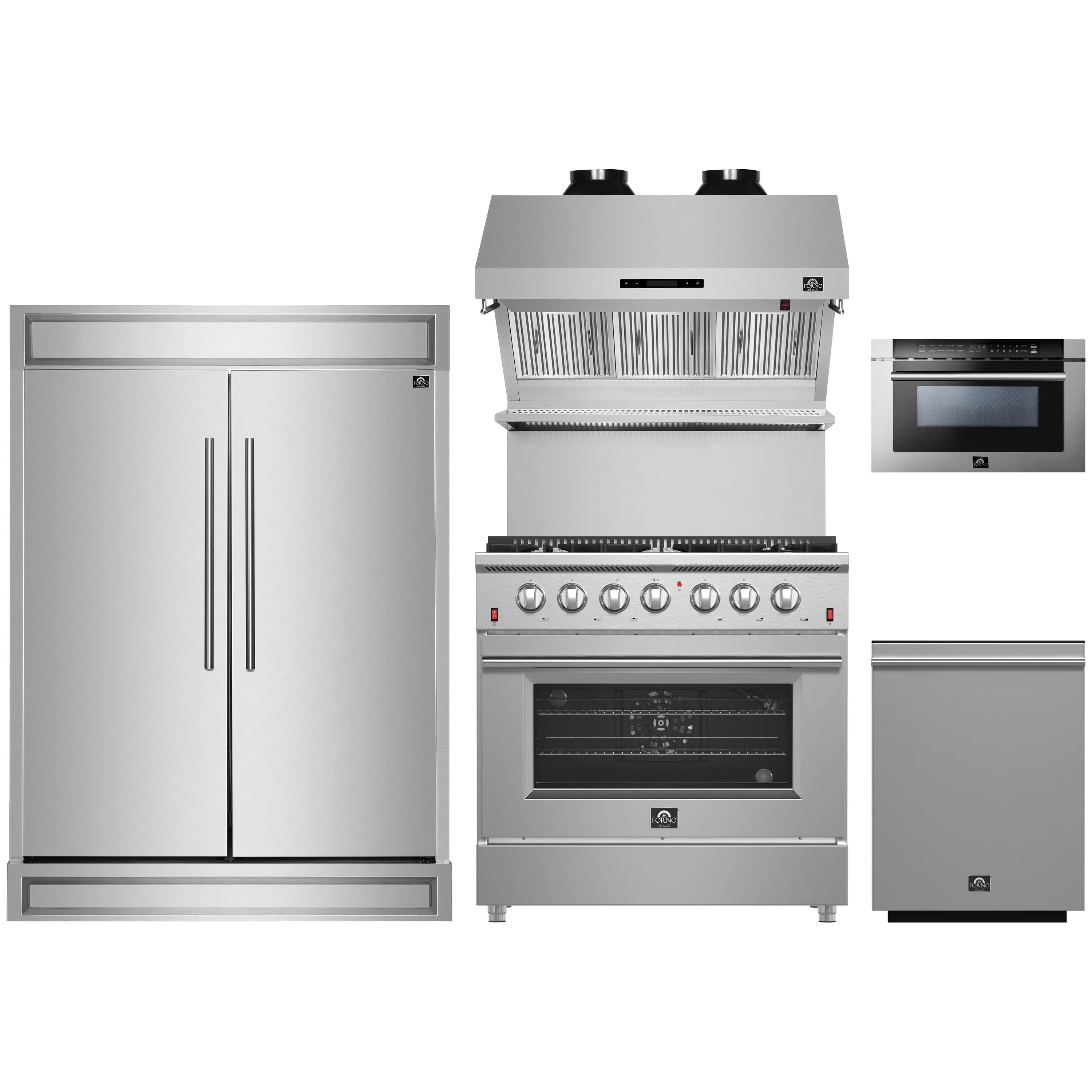 Stainless steel appliance set: refrigerator, gas range, microwave and dishwasher