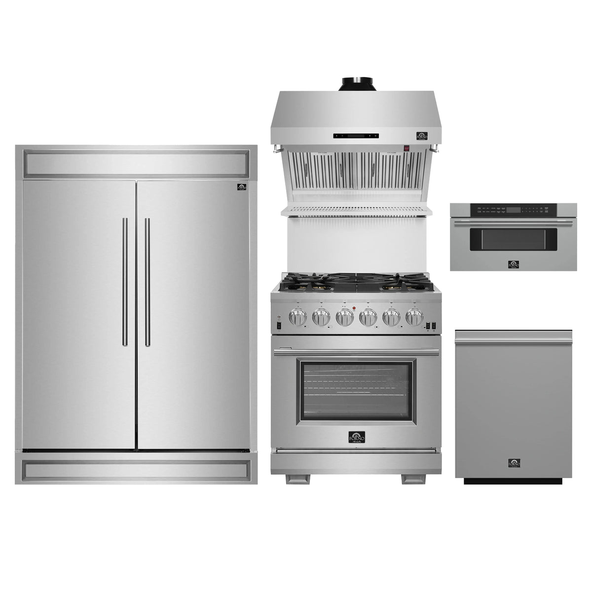 Forno 5-Piece Pro Appliance Package - 30-Inch Gas Range, 60-Inch Pro-Style Refrigerator, Wall Mount Hood with Backsplash, 30-Inch Microwave Drawer, & 3-Rack Dishwasher in Stainless Steel