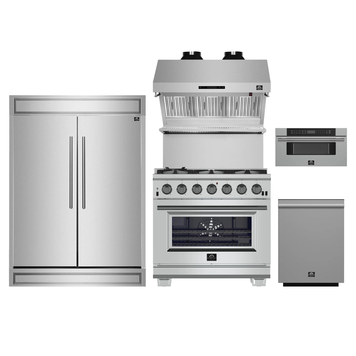 Forno 5-Piece Pro Appliance Package - 36-Inch Gas Range, 60-Inch Pro-Style Refrigerator, Wall Mount Hood with Backsplash, 30-Inch Microwave Drawer, & 3-Rack Dishwasher in Stainless Steel