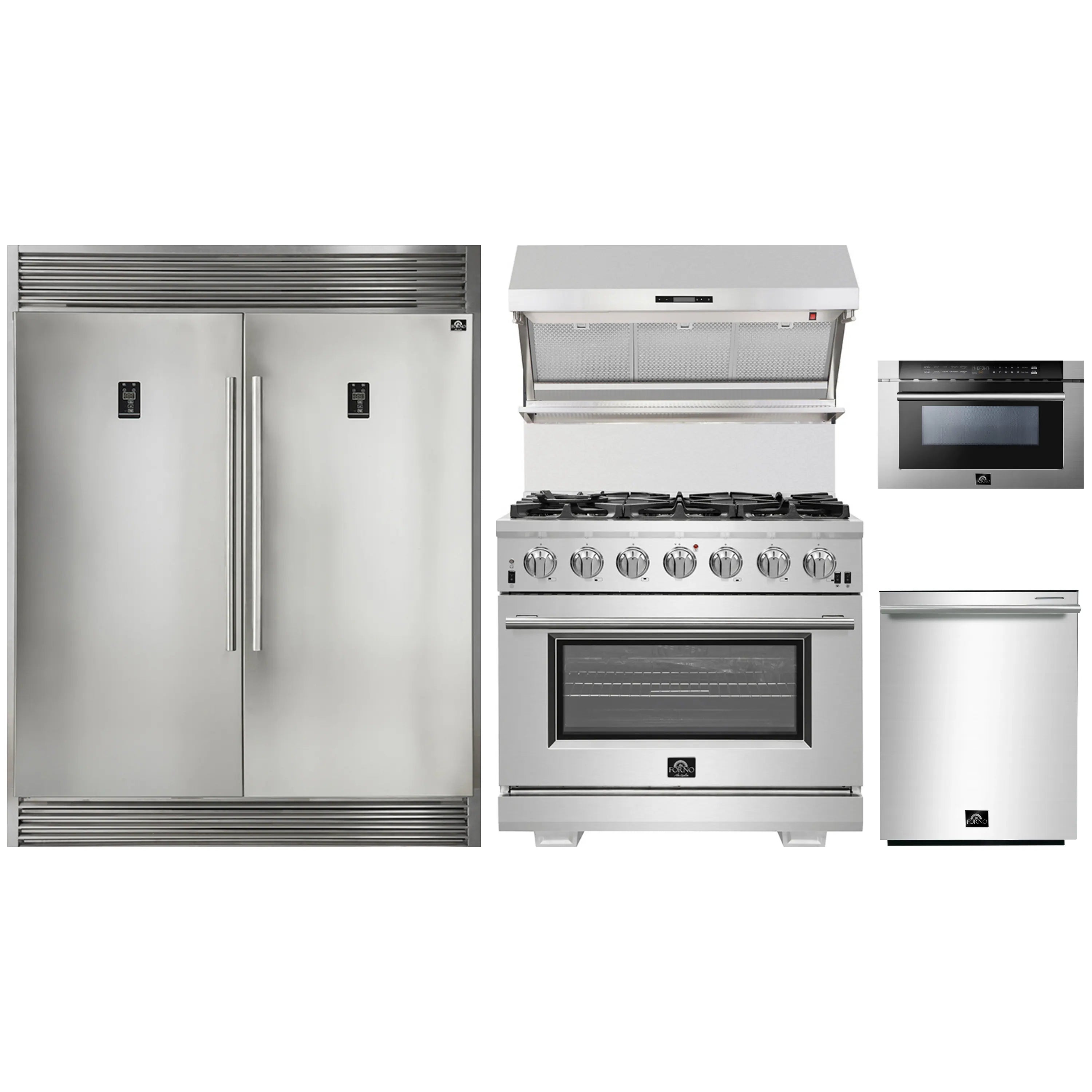 Stainless steel appliance package with refrigerator, gas range, microwave, and dishwasher