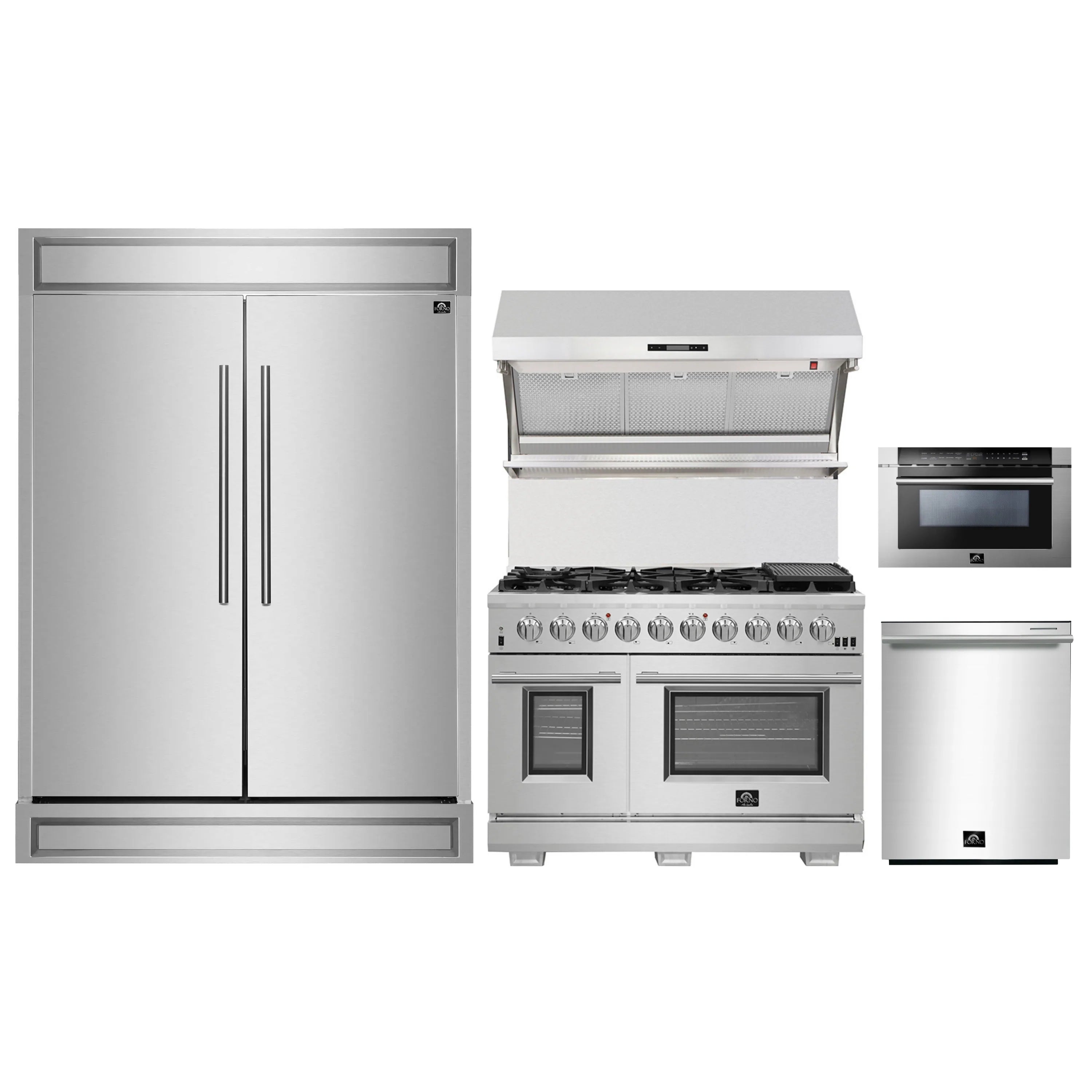 Stainless steel pro appliance package: refrigerator, gas range, microwave drawer, dishwasher