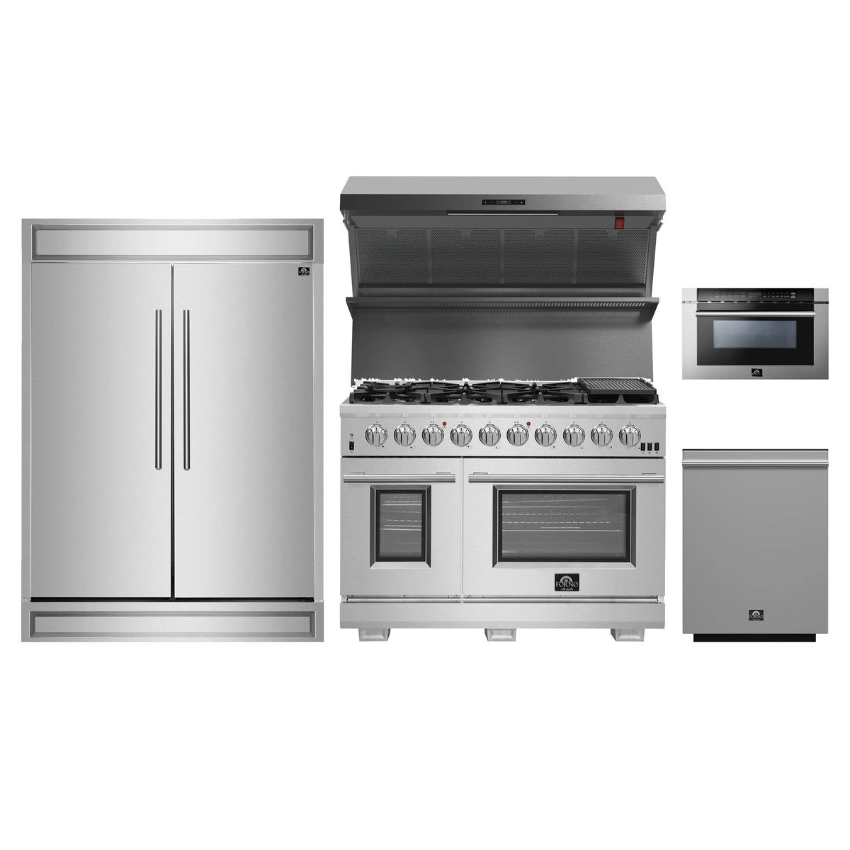 Forno 5-Piece Pro Appliance Package - 48-Inch Gas Range, 60-Inch Pro-Style Refrigerator, Wall Mount Hood with Backsplash, 24-Inch Microwave Drawer, & 3-Rack Dishwasher in Stainless Steel