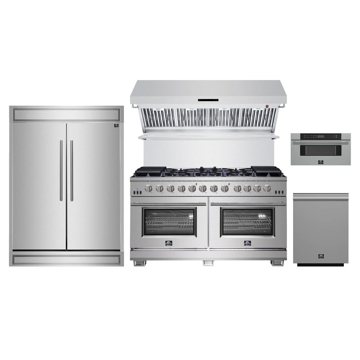 Forno 5-Piece Pro Appliance Package - 60-Inch Gas Range, 60-Inch Pro-Style Refrigerator, Wall Mount Hood with Backsplash, 30-Inch Microwave Drawer, & 3-Rack Dishwasher in Stainless Steel