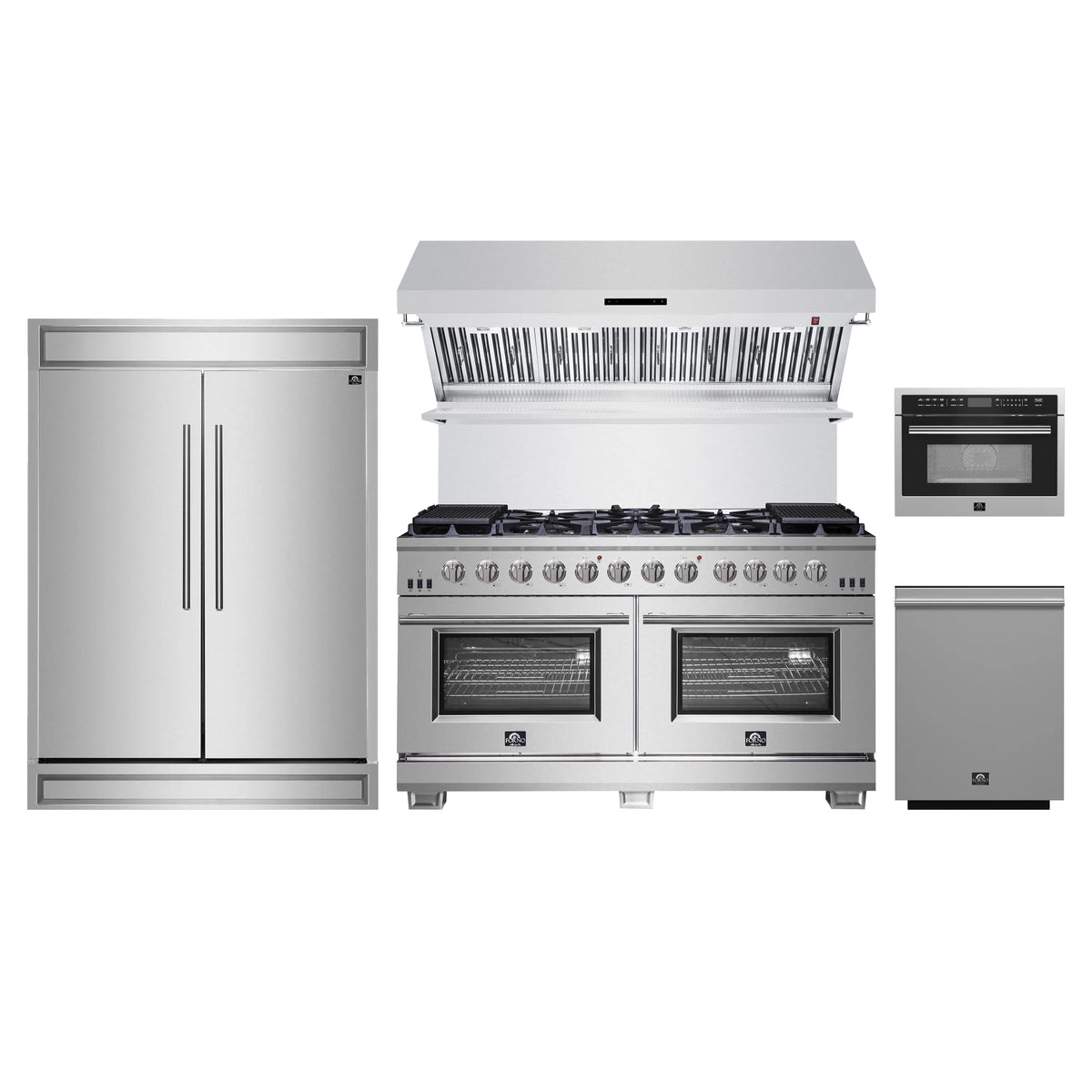 Forno 5-Piece Pro Appliance Package - 60-Inch Gas Range, 60-Inch Pro-Style Refrigerator, Wall Mount Hood with Backsplash, 24-Inch Microwave Oven, & 3-Rack Dishwasher in Stainless Steel