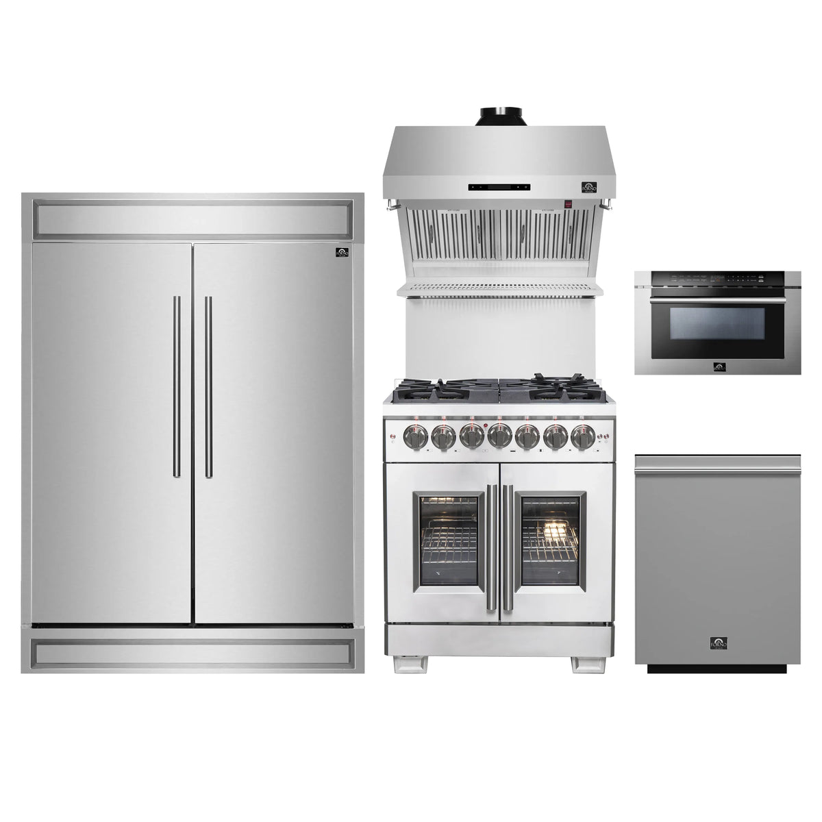 Forno 5-Piece Pro Appliance Package - 30-Inch Dual Fuel Range, 60-Inch Pro-Style Refrigerator, Wall Mount Hood with Backsplash, 24-Inch Microwave Drawer, & 3-Rack Dishwasher in Stainless Steel
