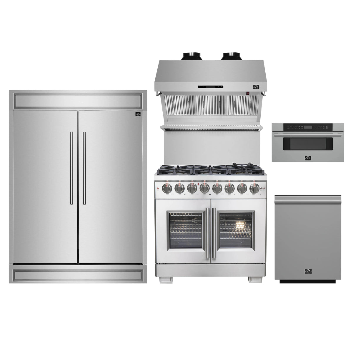 Forno 5-Piece Pro Appliance Package - 36-Inch Dual Fuel Range, 60-Inch Pro-Style Refrigerator, Wall Mount Hood with Backsplash, 30-Inch Microwave Drawer, & 3-Rack Dishwasher in Stainless Steel