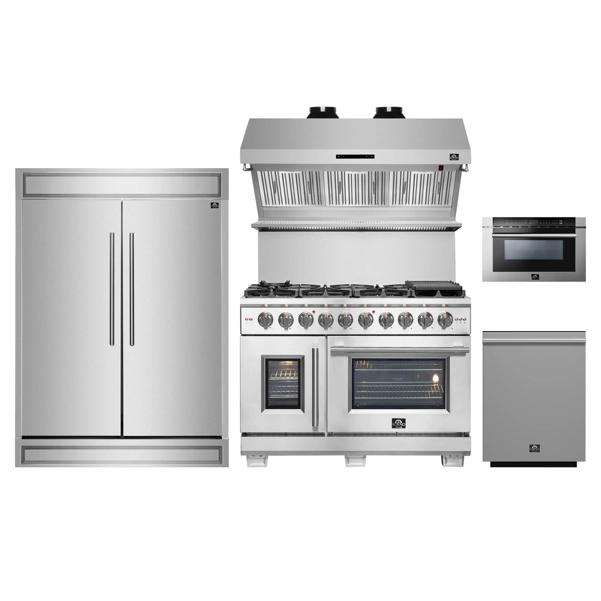Forno 5-Piece Pro Appliance Package - 48-Inch Dual Fuel Range, 60-Inch Pro-Style Refrigerator, Wall Mount Hood with Backsplash, 24-Inch Microwave Drawer, & 3-Rack Dishwasher in Stainless Steel