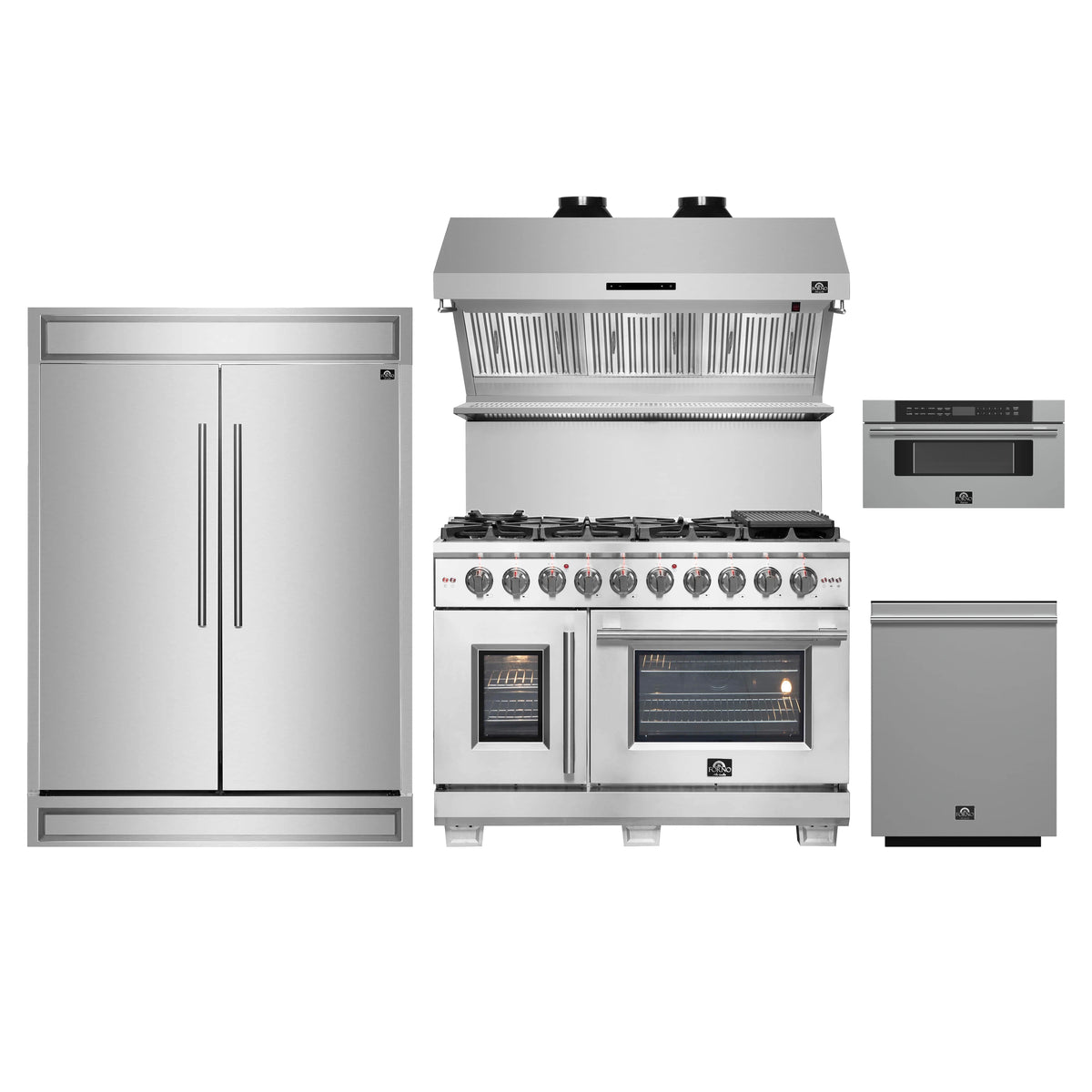 Forno 5-Piece Pro Appliance Package - 48-Inch Dual Fuel Range, 60-Inch Pro-Style Refrigerator, Wall Mount Hood with Backsplash, 30-Inch Microwave Drawer, & 3-Rack Dishwasher in Stainless Steel
