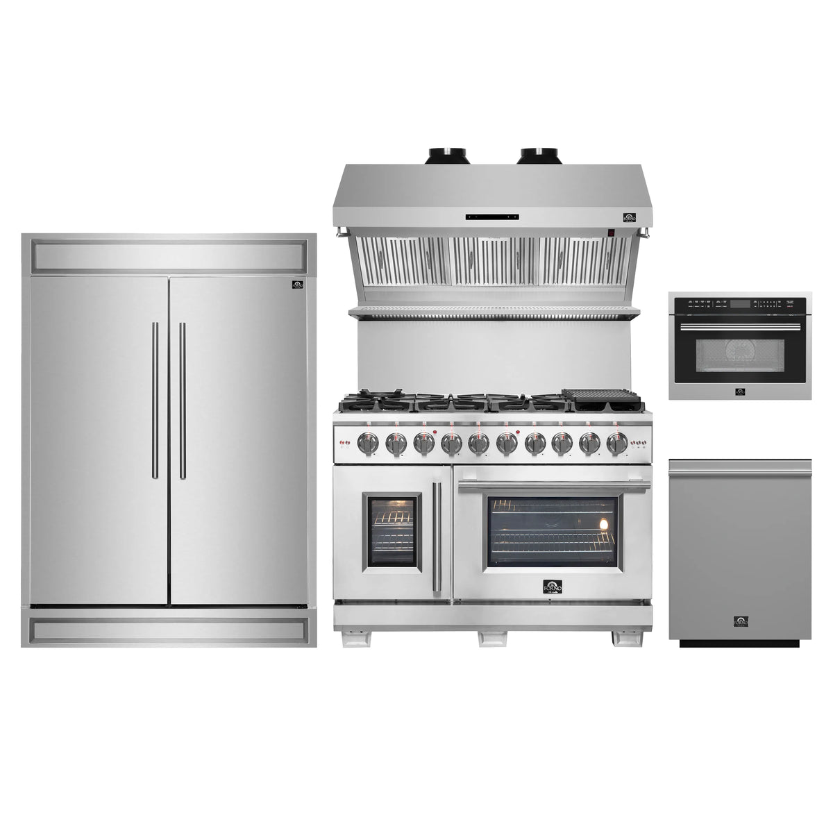 Forno 5-Piece Pro Appliance Package - 48-Inch Dual Fuel Range, 60-Inch Pro-Style Refrigerator, Wall Mount Hood with Backsplash, 24-Inch Microwave Oven, & 3-Rack Dishwasher in Stainless Steel