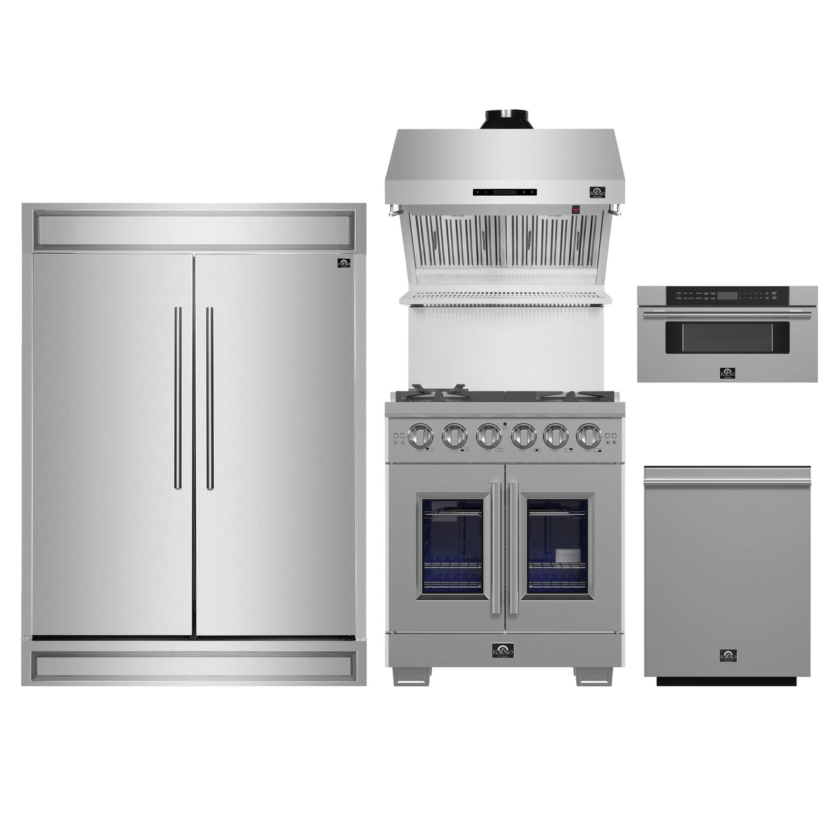 Forno 5-Piece Pro Appliance Package - 30-Inch Gas Range, 60-Inch Pro-Style Refrigerator, Wall Mount Hood with Backsplash, 30-Inch Microwave Drawer, & 3-Rack Dishwasher in Stainless Steel