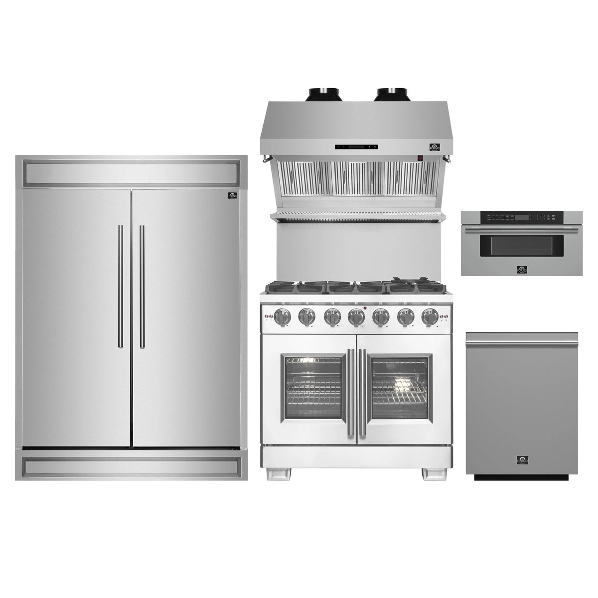 Forno 5-Piece Pro Appliance Package - 36-Inch Gas Range, 60-Inch Pro-Style Refrigerator, Wall Mount Hood with Backsplash, 30-Inch Microwave Drawer, & 3-Rack Dishwasher in Stainless Steel